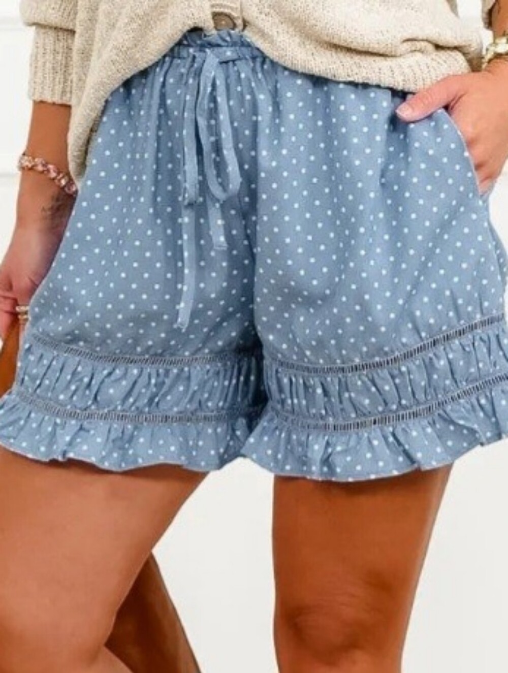 Polka Dot Denim Shorts by PEACH LOVE, NWT, Sz S (Roomy), Adorably Trendy🔵⚪️🔵